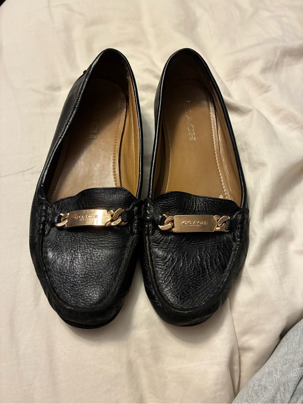 Coach Black Leather Loafers with Gold Plaque